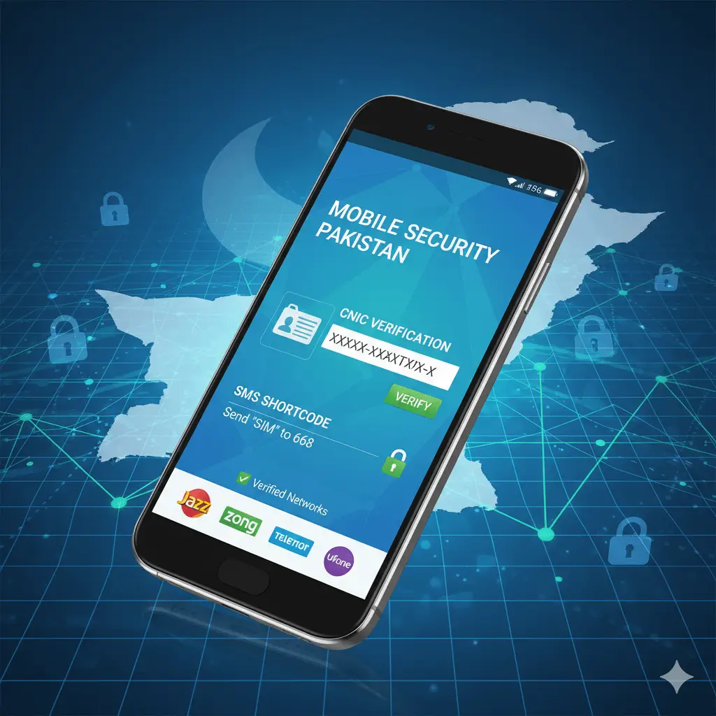 Screenshot showing how to check SIM information number in Pakistan with CNIC verification and mobile network logos