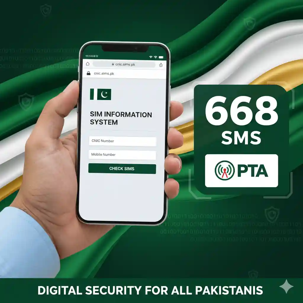 Pakistani person checking SIM number details online via PTA portal and SMS 668 service on smartphone